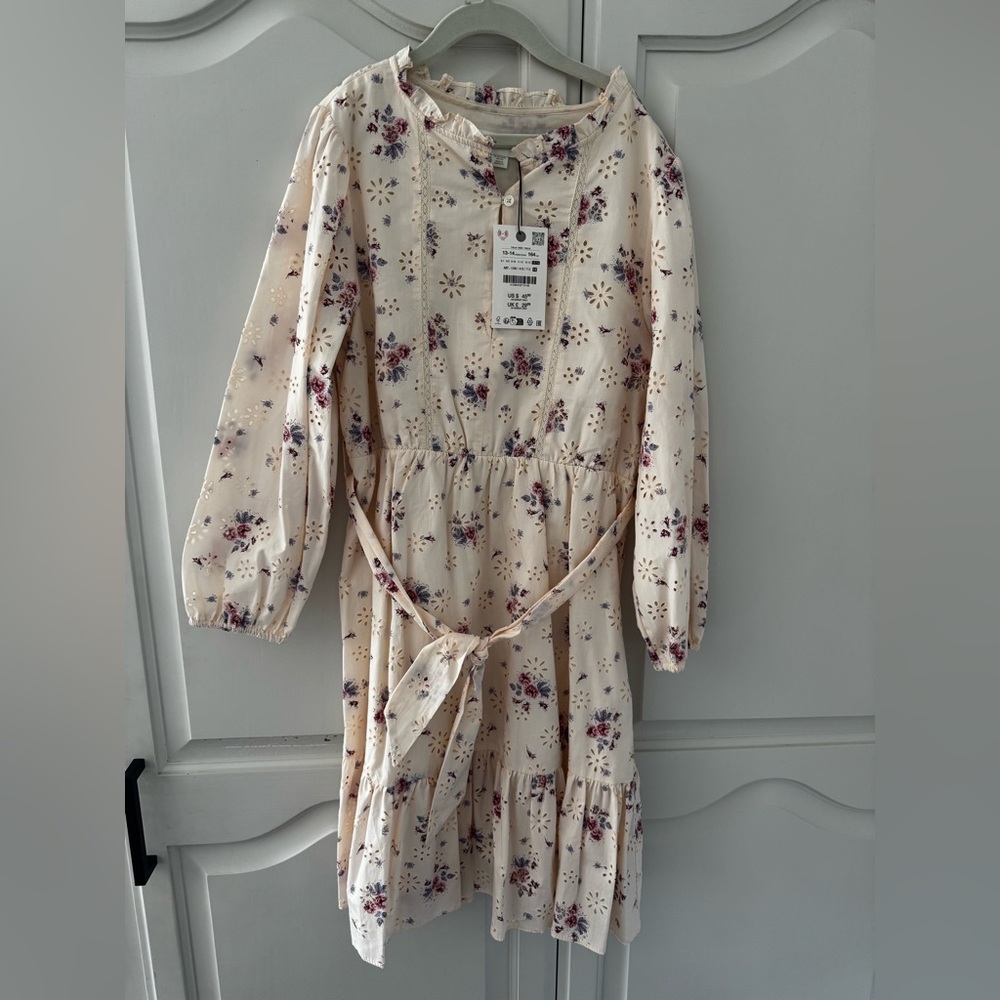 Zara Cream Floral Tie-Waist Tiered Dress